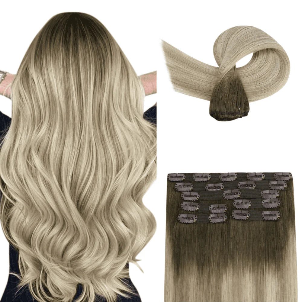 Virgin Human Hair Clip In Extensions Balayage Brown Blonde
