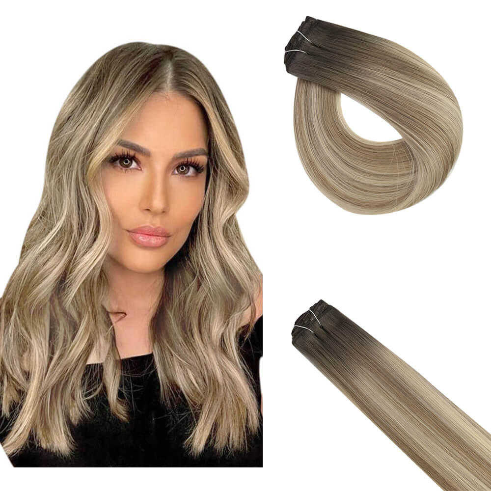 Virgin Human Hair Clip In Extensions Balayage Brown Blonde